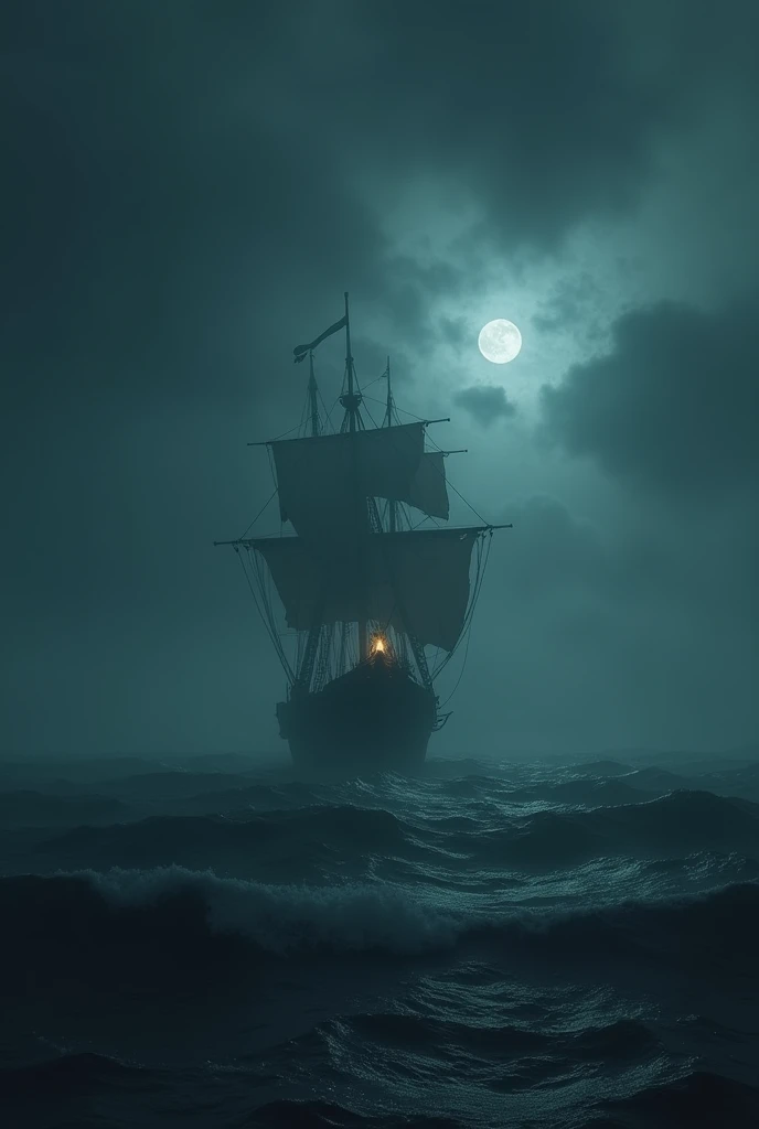 Create a dark, foggy ocean scene at night with a mysterious, old, and abandoned ship in the distance. The ship should appear aged and worn, with tattered sails and a faint, eerie light flickering from within. The waves gently crash against the ship, which is partially obscured by thick fog. The sky is overcast, and there is a sense of stillness and mystery in the air, with dark clouds and a hint of moonlight breaking through. The atmosphere should feel eerie, haunting, and ghostly, as if the ship is lost in time and space.