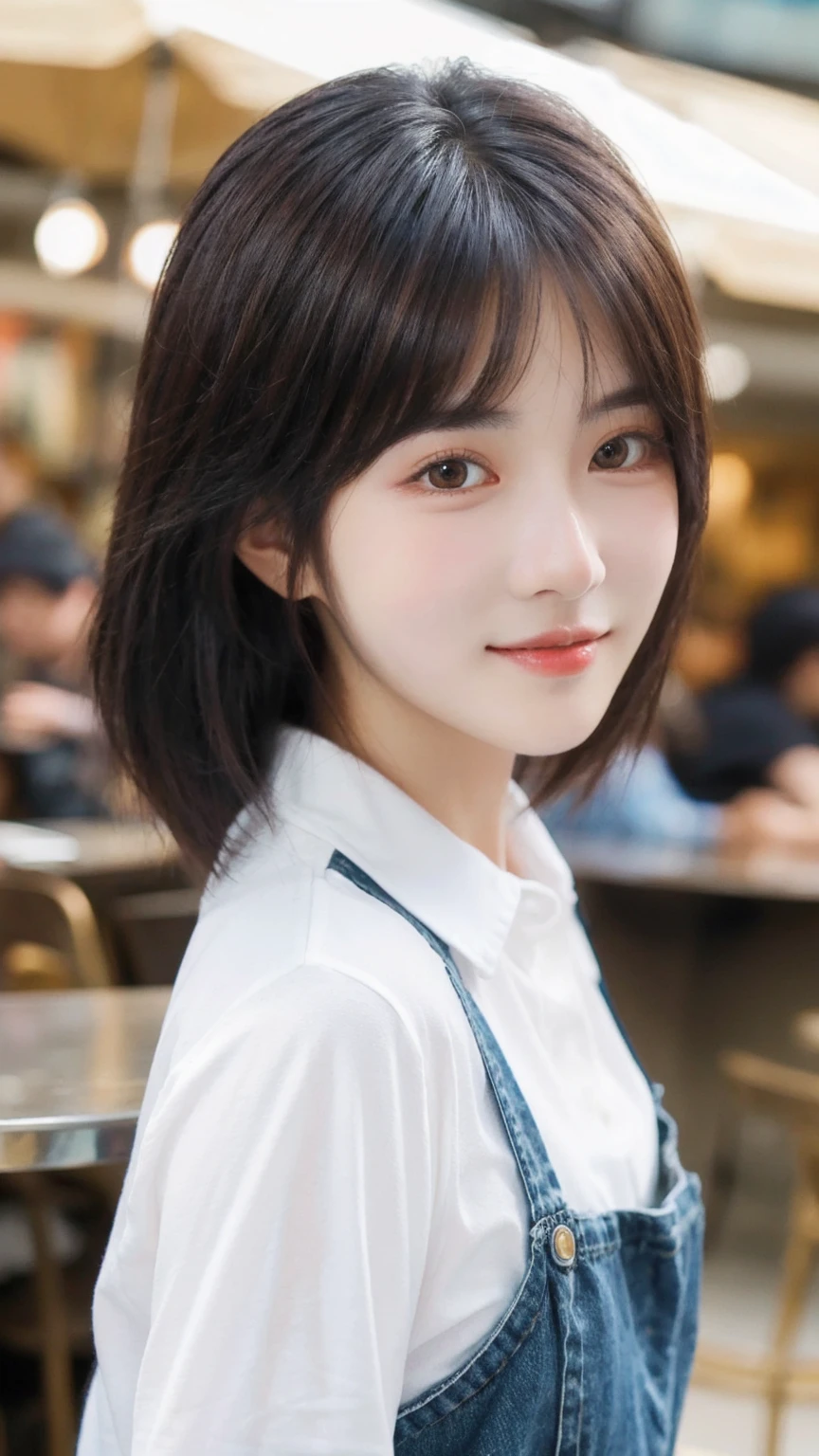 (8k, RAW Photo, Best Quality, Masterpiece:1.2), table top, Ultra Detail, Super Resolution, (Realistic, Realistic Photo:1.37), Portrait, High Detail RAW Color Photo, Professional Photo, Extremely Detailed and Beautiful, Extremely detailed, 8k wallpaper, amazing and detailed, huge file size, official art, highly detailed CG unity 8k wallpaper, highly detailed beautiful girl, highly detailed face, highly detailed eyes, highly detailed skin, highly detailed fingers, highly detailed nose, very detailed detailed mouth , perfect anatomy, highly detailed background, highly detailed clothes, 1girl, 1 girl, cute girl, realistic body, fair skin, glowing skin , slim body, handsome body, black hair , semilong hair, (blunt bangs:1.2), smile, cute, youthful, cute face, realistic face, delicate eyes, drooping eyes, looking at viewer, facing front, standing posture, Contraposto, (medium chest), (Perfect Body Proportions), (slender Body Proportions), super sexy pose, (white shirt), (jeans pants), (authentic bar),