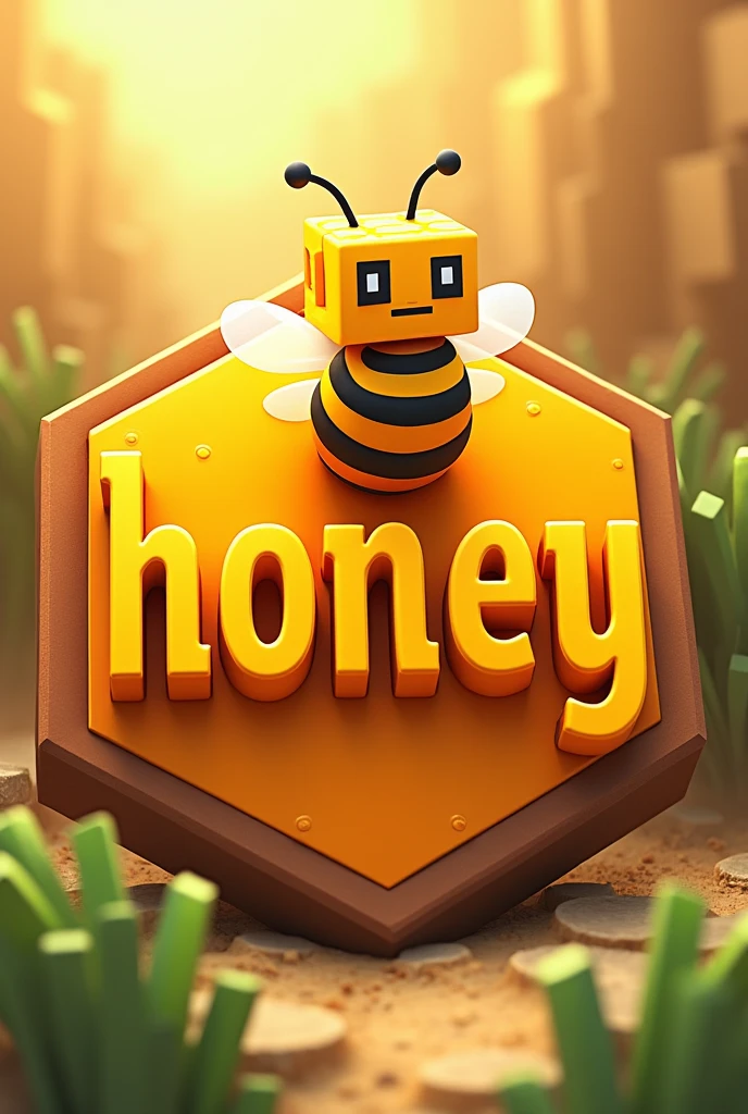 A emblem written "Honey'', with orange-yellow color minecraft theme with a minecraft bee