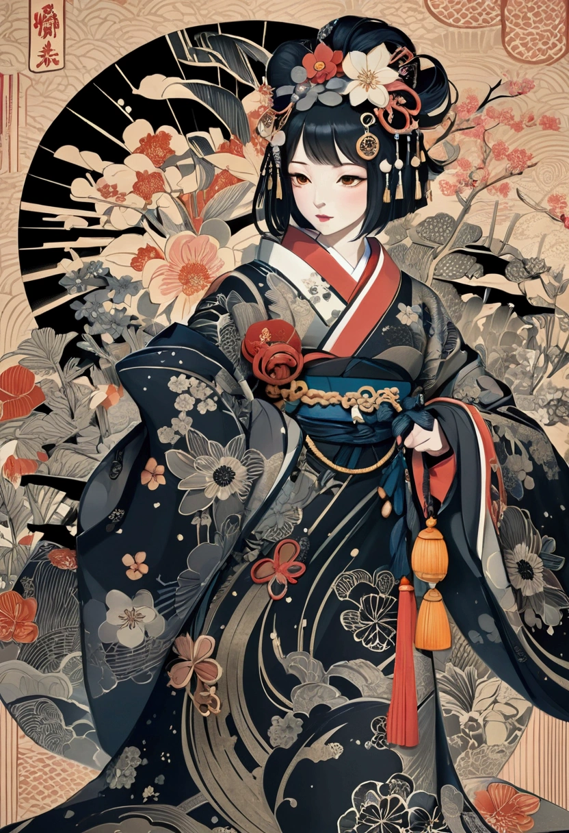 oiran, Beauty, Delicious Company, A captivating sight, Wearing a sexy open kimono. The work is created in a medium reminiscent of Japanese ink painting.。Monochromatic color palette. artist&#39;Stunning technique gives the image strength and power&#39;Presence，Highest quality, Ultra-high resolution captures every detail. The texture and intricate patterns of the kimono are expressed with extreme precision.. Lighting is carefully designed，Enhance the drama, Deep shadows and subtle highlights. This piece exudes elegance and strength., A fusion of traditional Japanese aesthetics and modern sensibilities. Monochromatic color palette, Putting the details together, Captivate viewers、Create an immersive experience.Black kimono、sexly、The kimono is open、I can see the valley、I can see your thighs