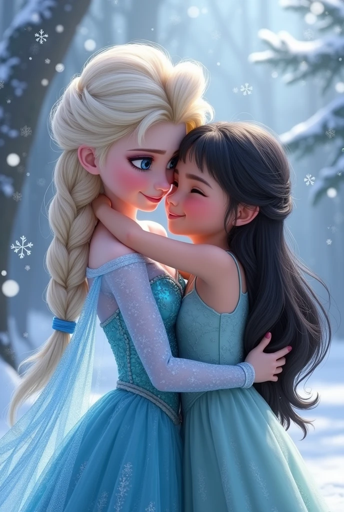 Elsa from Frozen hugging a  girl with black hair

