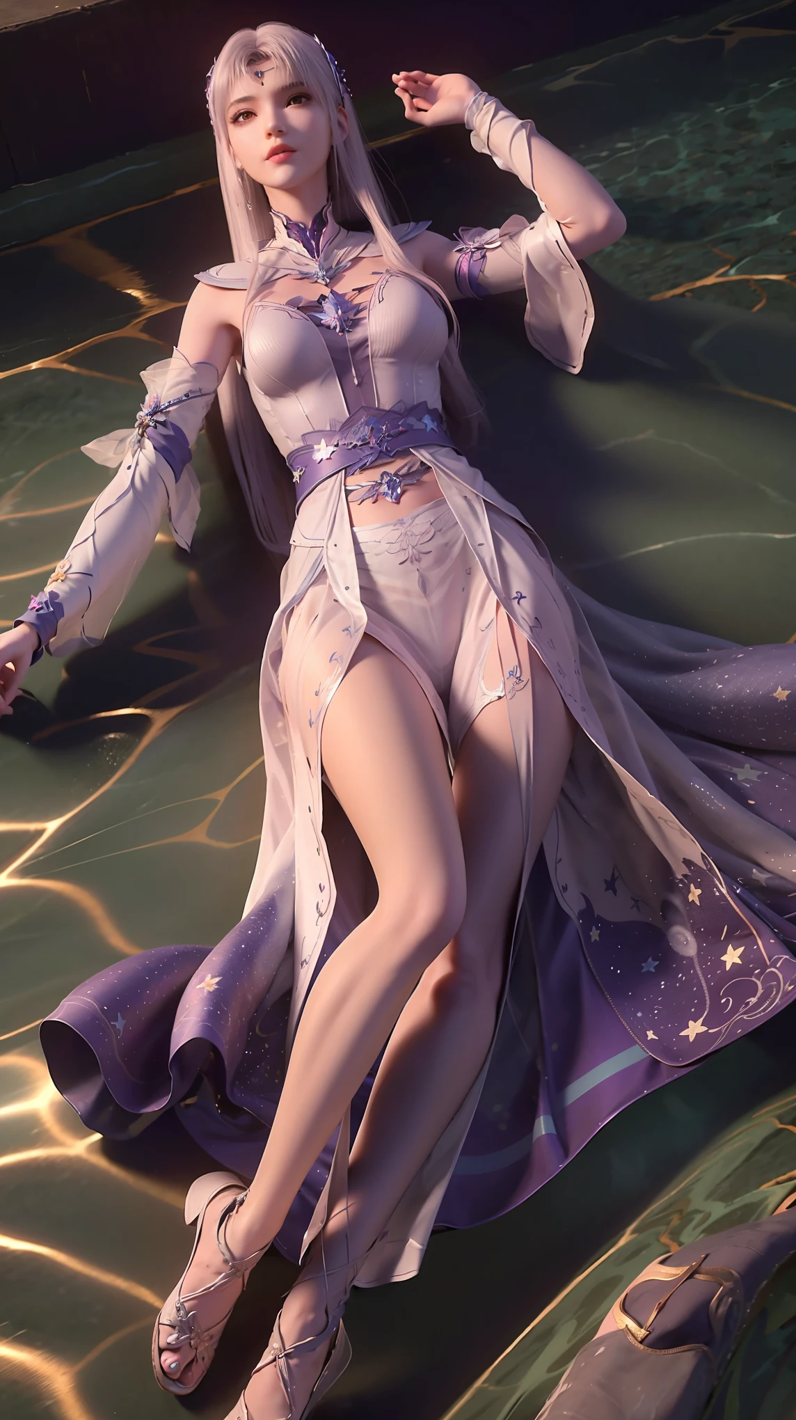 一个穿着连衣裙的女孩躺在Starry Sky下的床上，Exquisite smile，Beautiful and delicate eyes，Beautiful and delicate lips，Extremely detailed face and eyes，Long eyelashes，Full body，Flowing hair，belly button，best quality，excellent work，Super，(Reality:1.4)，RAW photos，(Beautiful face:1.2)，(Lying on the water:1.5)，1 girl，(absurd)，(8k)， (4K)，Octane Rendering，Starry Sky，((Full body view))，barefoot，Cross-legged
