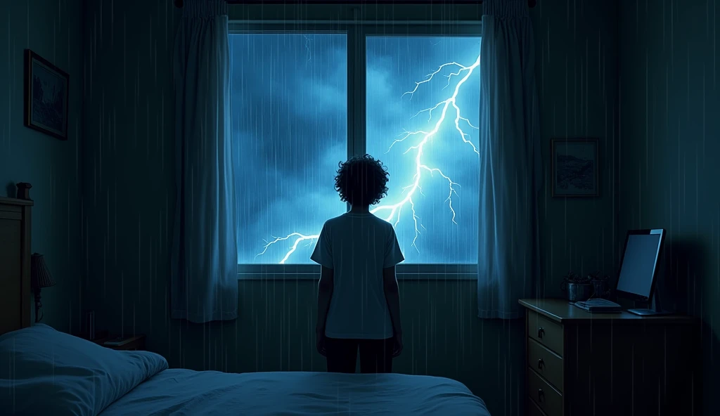 Stormy Night
Illustrate a dark, stormy night with lightning and heavy rain outside the window. The room is now dark as the power goes out.