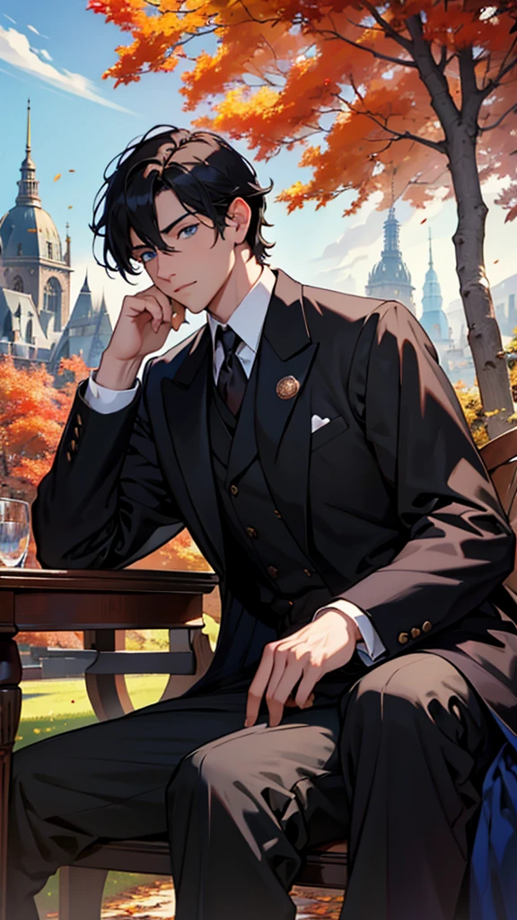 A medium black haired blue eyed boy wearing a monocle wearing a formal royal outfit looking to the calm side. Sitting under a tree scattering leaves in the air in autumn. crown prince. Setting is a forest with a view of the city. perfect hands.