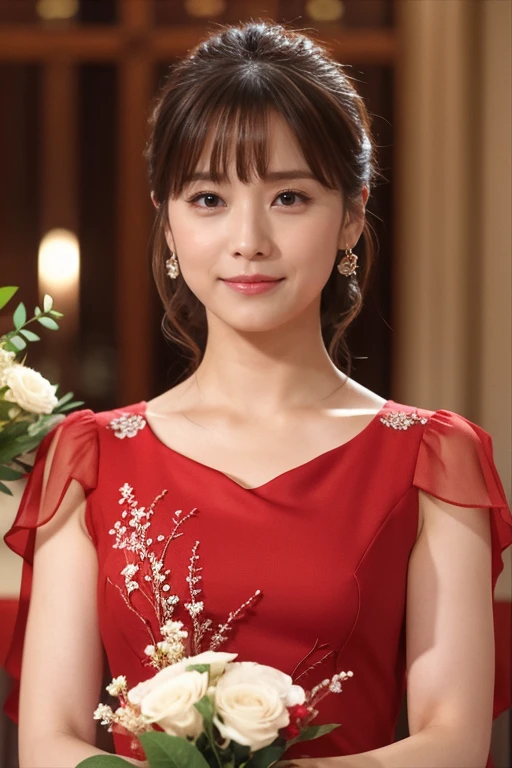 Medium display, Medium Shot, Depth of written border, bust, Upper Body, Movie angle, masterpiece, Highest quality, Very detailed, CG, 8k wallpaper, Beautiful Face, Delicate eyes, Otome, alone, smile, bangs, Fractal print dress, have, Crimson Dress, bow, petal, bouquet