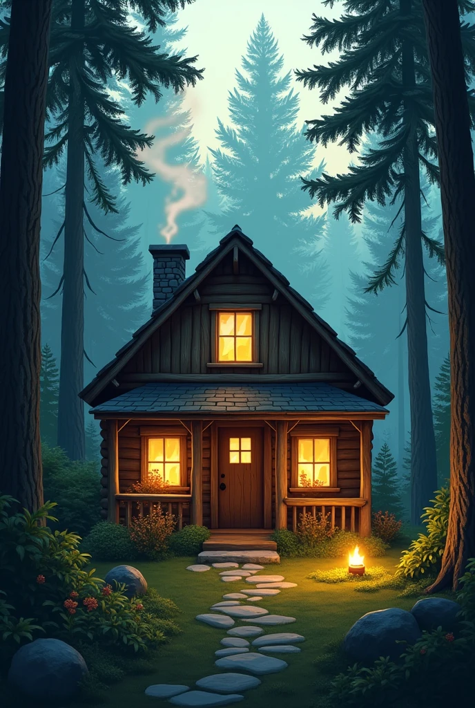 A warm, inviting light emanates from the windows. forest house