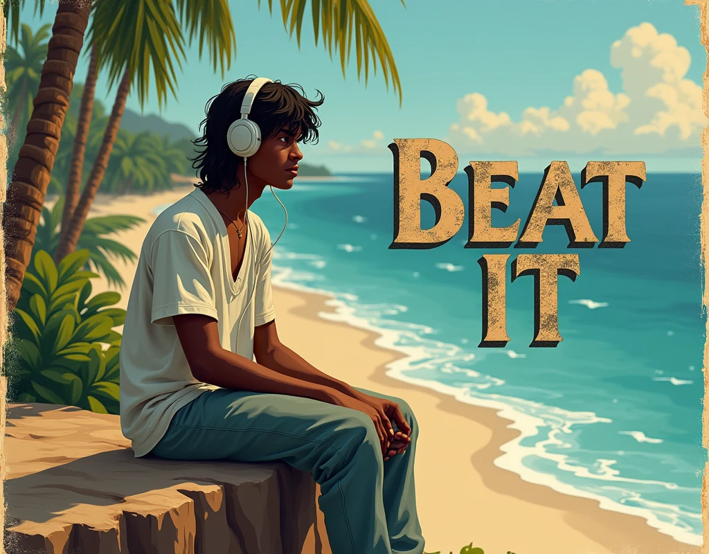 create a cover for an album where I appear as a 2 young man of 1.85 tall with dark skin and long wavy hair a little below the shoulders wearing loose clothing, Do it sitting on a cliff with wired headphones and at the top a title for the cover that says "Beat it" with worn letters. The landscape must be tropical and beachy