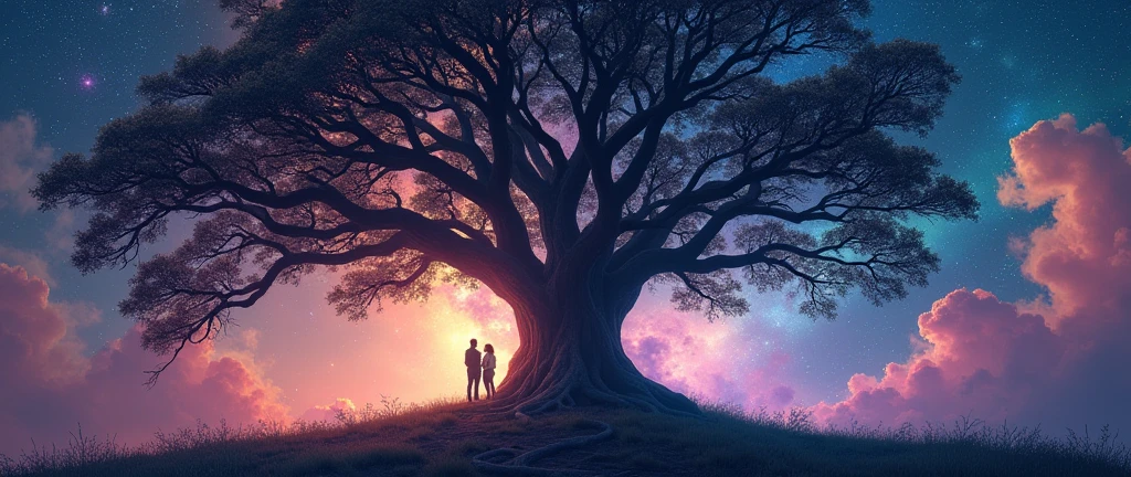 Giant tree with many large, spreading branches, multicolored background with galactic atmosphere colorful nebulae and stars couple looking at background 