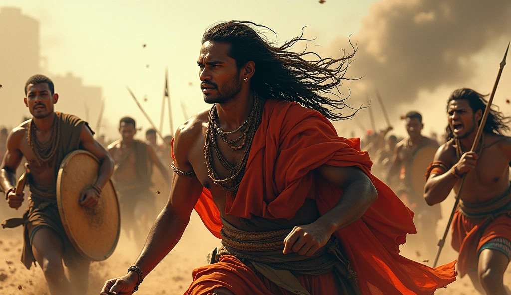 The Ulgulan (Great Rebellion)**
- A dynamic scene of the Ulgulan, the great rebellion led by Birsa Munda. Tribal warriors with traditional weapons are shown charging against the British forces. Birsa, at the forefront, is leading them with fierce determination. The background shows a chaotic battle scene with the British struggling to hold their ground.