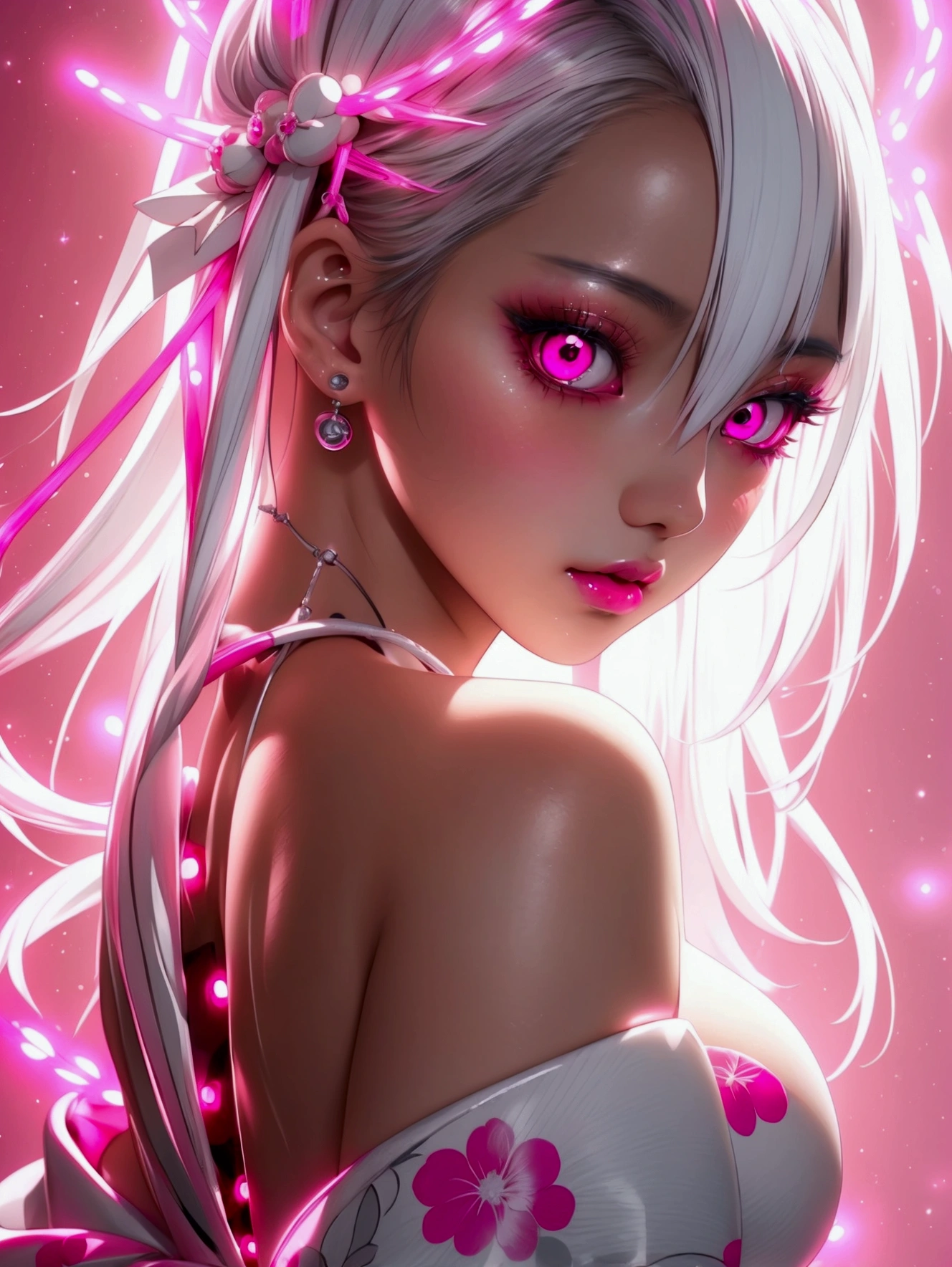 best quality, hot pink artwork, white line art, beautiful japanese girl self portrait, light up, white hair, big detailed eyes, ulzzang, ((huge breasts)), cleavage, arms behind back,
