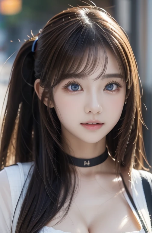 最高qualityのディテール:1.2, Realistic, 8K Ultra HD, High resolution, One Girl:1.2, The 超detailedな, 高qualityのテクスチャ, Intricate details, detailed, 非常にdetailedなCG, 高qualityの影, detailed 美しく繊細な顔, detailed 美しく繊細な目, Depth of written boundary, Ray Tracing, 20th Generation, Cute K-Pop Girls, The Face of Ulzan in Korea:1.1, Narrow Face, Urzan-6500-v1.1:0.6, Pure Eros Face_v1, Glow Eyes, cheek, Glossy Lips, Perfect body, choker、Cleavage、 Brown Hair、ponytail:1.1, street, particle, View the viewer, Photorealistic:1.4, 超detailedな, Photo Real, 4K 8K Ultra HD Full Color RAW Photos, Fujifilm(Medium format:1.2), Hasselblad:1.2, Carl Zeiss:1.1, Incredible dynamic range photography(utility_art:Smoose-768:1.1), High resolution, High pixel count, 明確なdetailed, Clear images, Natural color reproduction, Noise Reduction, High fidelity, quality, Software Improvements, Upscaling, Optimized Algorithms, Professional-level retouching、((Shibuya Ward, Tokyo))、On the way to shopping、((Stylish and Design-Forward Clothing))、Graphic T-shirts: artとロゴ、アニメキャラクターがプリントされたGraphic T-shirtsが流行.、Usage information for unique styling