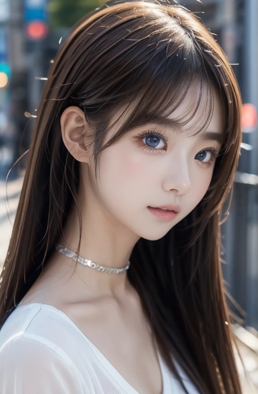 最高qualityのディテール:1.2, Realistic, 8K Ultra HD, High resolution, One Girl:1.2, The 超detailedな, 高qualityのテクスチャ, Intricate details, detailed, 非常にdetailedなCG, 高qualityの影, detailed 美しく繊細な顔, detailed 美しく繊細な目, Depth of written boundary, Ray Tracing, 20th Generation, Cute K-Pop Girls, The Face of Ulzan in Korea:1.1, Narrow Face, Urzan-6500-v1.1:0.6, Pure Eros Face_v1, Glow Eyes, cheek, Glossy Lips, Perfect body, choker、Cleavage、 Brown Hair、ponytail:1.1, street, particle, View the viewer, Photorealistic:1.4, 超detailedな, Photo Real, 4K 8K Ultra HD Full Color RAW Photos, Fujifilm(Medium format:1.2), Hasselblad:1.2, Carl Zeiss:1.1, Incredible dynamic range photography(utility_art：Smoose-768:1.1), High resolution, High pixel count, 明確なdetailed, Clear images, Natural color reproduction, Noise Reduction, High fidelity, quality, Software Improvements, Upscaling, Optimized Algorithms, Professional-level retouching、((Shibuya Ward, Tokyo))、On the way to shopping、((Stylish and Design-Forward Clothing))、Graphic T-shirts: artとロゴ、アニメキャラクターがプリントされたGraphic T-shirtsが流行.、Usage information for unique styling
