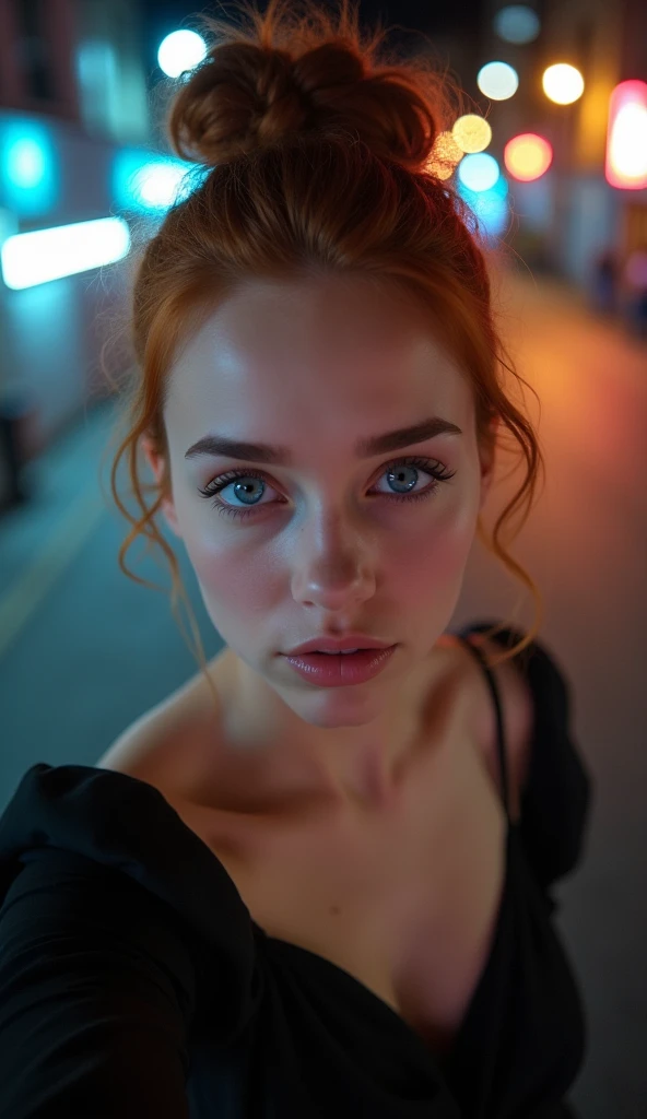 raw-photo, professional photo in UHD RAW format, (taking selfies, aerial view: 1,4), (straight half of the torso: 1,0). A 20 year old girl with a bun, natural red hair and blue eyes, parted lips. [ black gown ] [ hyper-realistic texture ], [ hyper-realistic skin texture ], [ Dark Street, natta, good lighting ]. fine-details, olhos e rosto extremamente symmetrical, extremely detailed, symmetrical, sharp piercing eyes. (city center), Fujifilm XT3, crystal-clear, center of frame, beautiful  face, sharp focus, street lamp, Neon Lighting, bokeh (dimly-lit), natta, (night sky).
