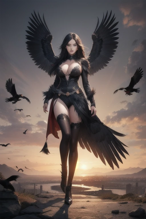 ((female crow)), ((Her face is a crow)), beautiful big breasts, (Her body is covered with black feathers), Highest quality, masterpiece, High resolution, Realistic, RAW Photos, 8k wallpaper, perfection, ((Spread your legs)) Professional Lighting, Very detailed