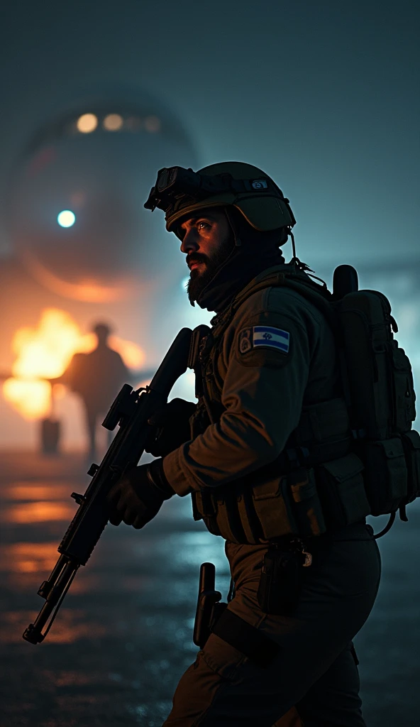 "Operation Thunderbolt," prompt could be:"Show an intense nighttime military operation with Israeli commandos in tactical gear, storming an airplane at an airport. Include dramatic lighting, with flashes of gunfire and a sense of urgency. Highlight a lead commando in the foreground, with determined expressions, weapons ready, and the silhouette of the plane in the background. The color scheme should be dark with contrasting highlights to emphasize the tension and action."