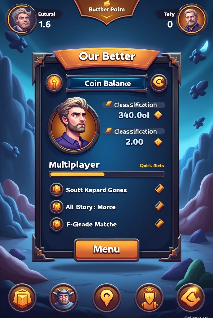 Card game interface containing the player'avatar, coin balance, position in the classification, classification points. Below is the Multiplayer player menu, Story Mode, Friendly matches. At the bottom of the screen, there is a quick menu with basic functions. Covered area, purchase, nursing home, quick game, friends. Imagem da interface em design vertical.