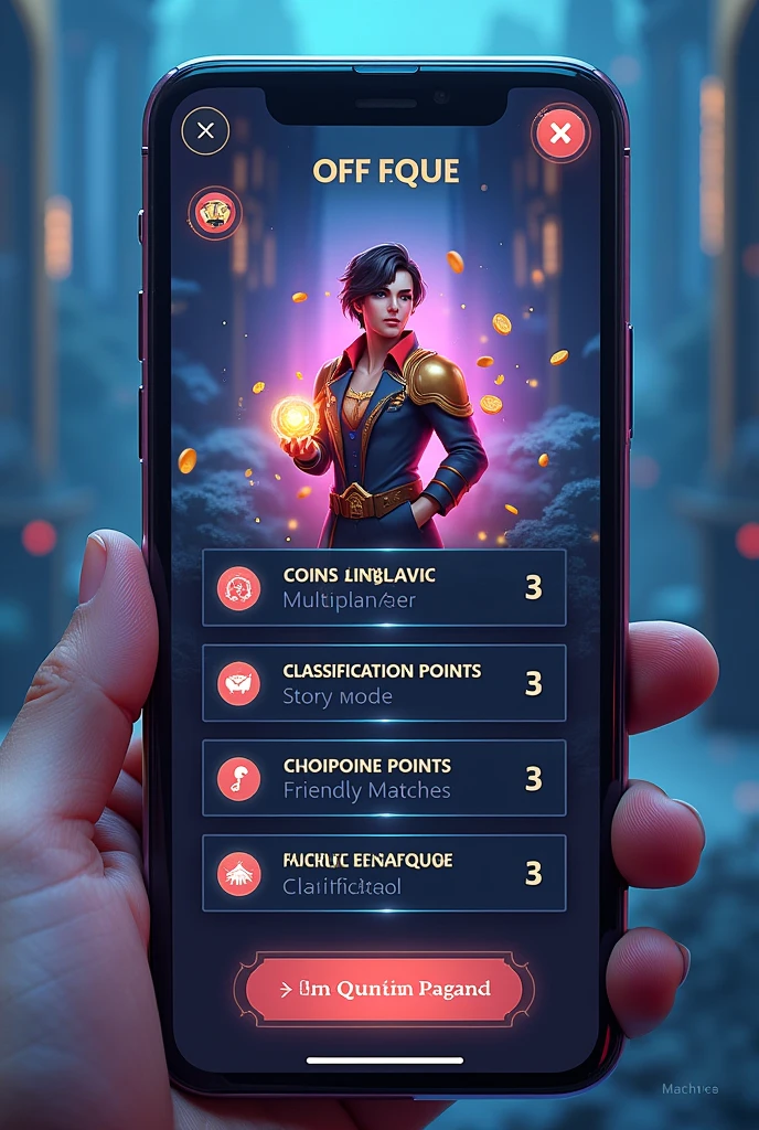 Card game interface containing the player'avatar, coin balance, position in the classification, classification points. Below is the Multiplayer player menu, Story Mode, Friendly matches. At the bottom of the screen, there is a quick menu with basic functions. Covered area, purchase, nursing home, quick game, friends. Imagem da interface em design vertical.