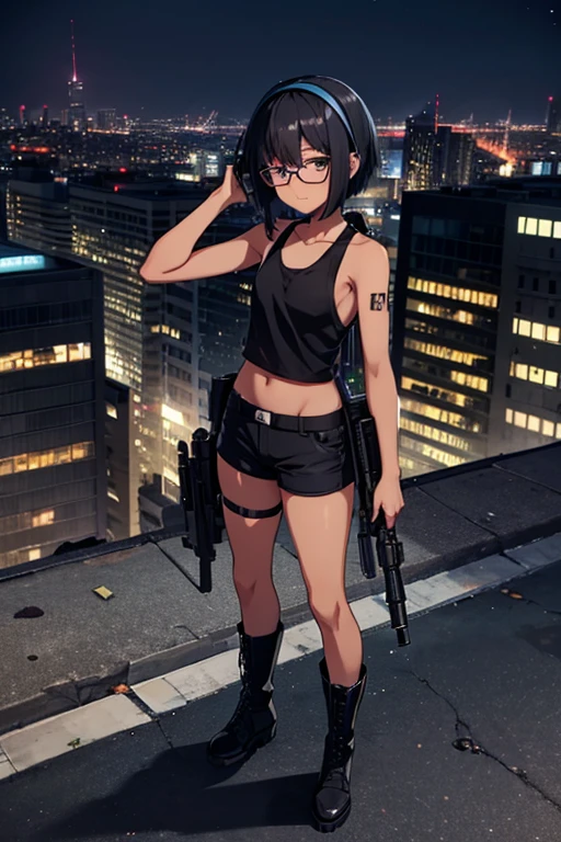 Anime Art、Full body portrait、Abandoned building rooftop at night、Sniper、A dark-skinned woman, about 1, about 155cm tall, wearing a black tank top and black shorts, carrying an old carbine rifle、Glasses、headset、Hairstyle: Short bob、Black Hair、Weak look、Dark Eyes、boots、Black Stockings、Flat chest