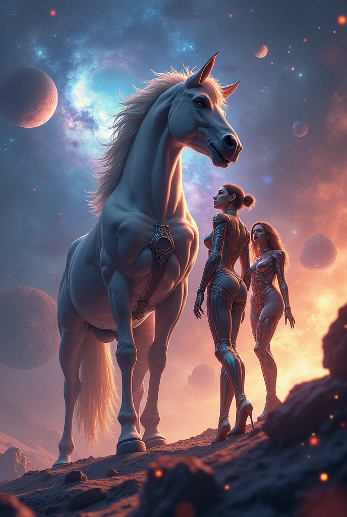 create a mighty Centaur ruling the universe, low angle shot, karol bak uhd, beautiful digital artwork, girl in a cosmic armor suit and high heels, 8k highly detailed digital art, digital art fantasy, digital art fantasy art, gorgeous digital art, digital fantasy art ), detailed fantasy digital art, digital fantasy art, beautiful sci fi art, cyborg goddess in cosmos, vibrant luminescent epic surreal scenery, closed mouth, depth of field, eyelashes, glowing, jewelry, light particles, lips, nose, planet, profile, realistic, long flowing hair, solo, space, full body,