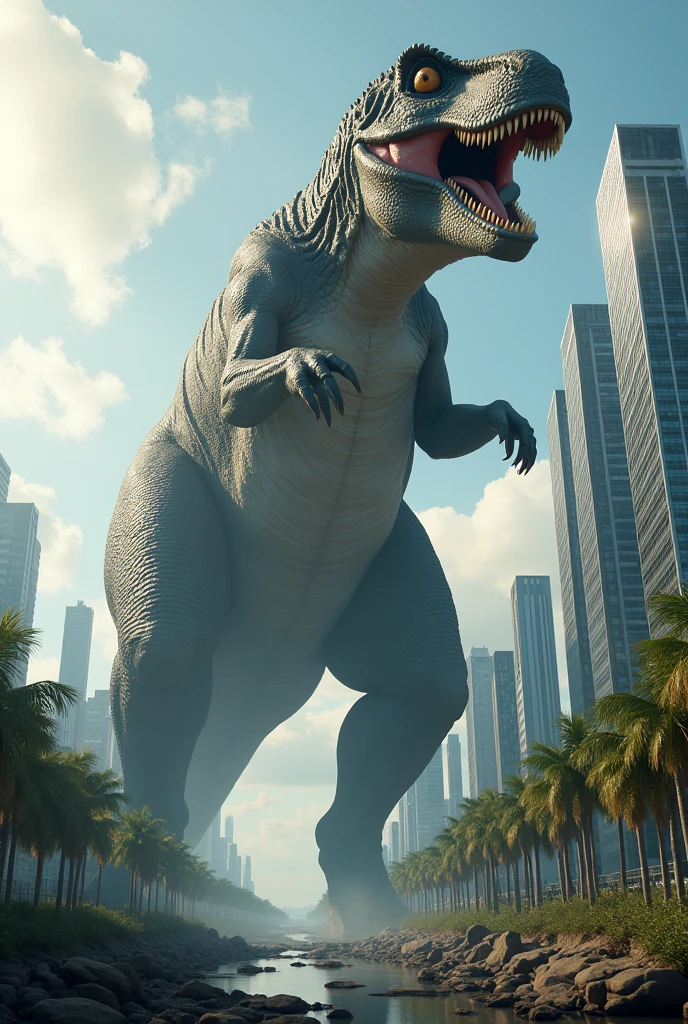 an extremely large dinosaur compared to a skyscraper
