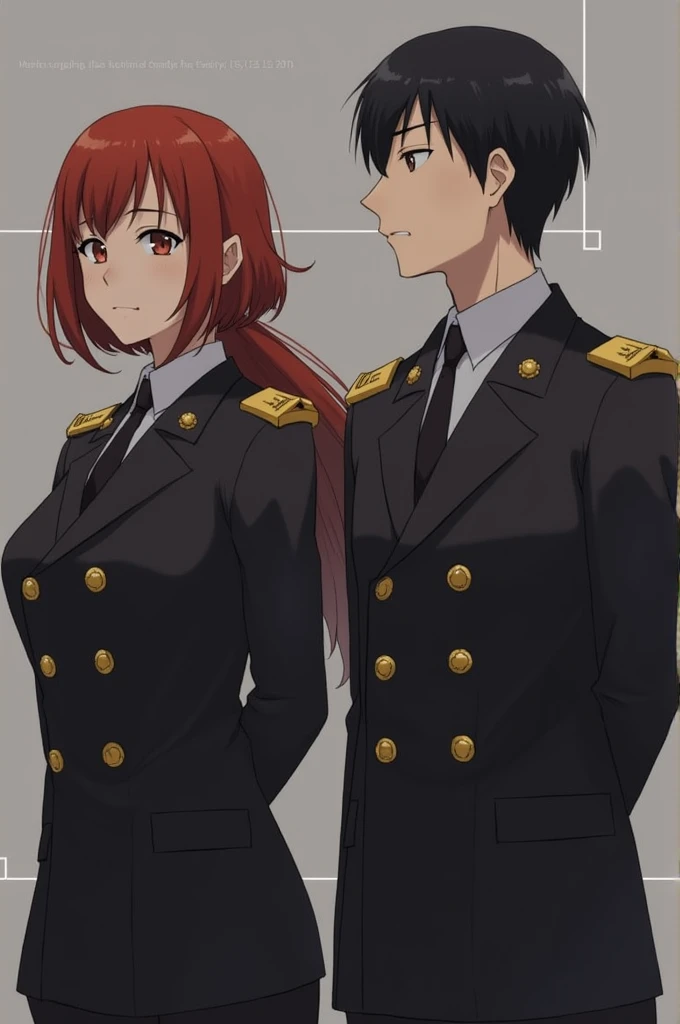 Medium build male with short black hair wearing black uniform next to red head Female with black uniform