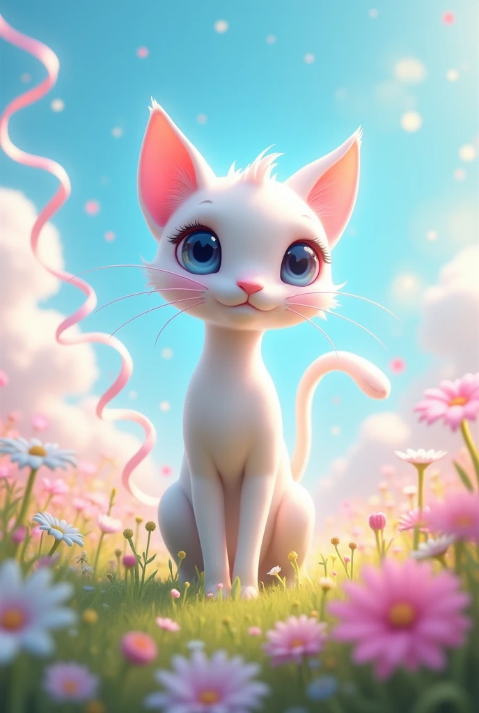 A magical, pastel-colored creature with a sleek white body and long, ribbon-like feelers. This adorable, cat-like being has large, expressive eyes and pink-tipped ears. It stands gracefully in a vibrant meadow, surrounded by colorful flowers and gentle, flowing ribbons that match its ethereal appearance. The background is a bright, clear sky, creating a whimsical and serene atmosphere.