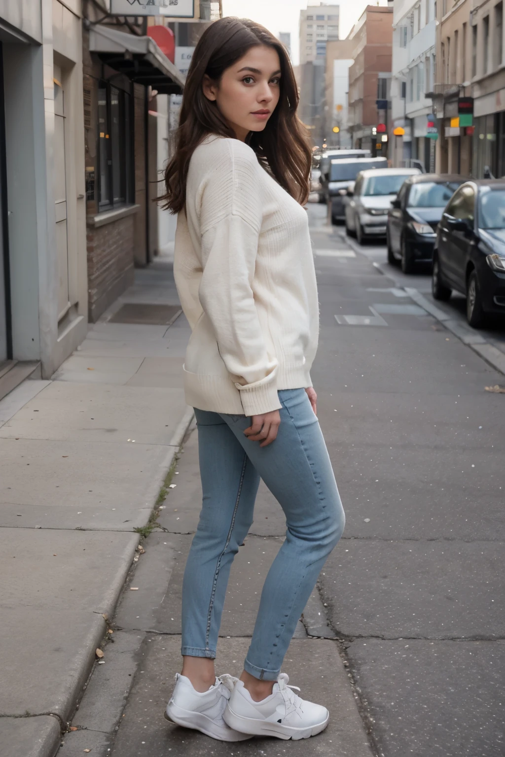 ((best quality)), ((masterpiece)), (detailed) latina woman in a White sweater and jeans standing on a sidewalk, White sweater, wearing a White sweater, wearing sweater, wearing a casual sweater, wearing a sweater, wearing a sweater de gran tamaño, close angle, Bottom angle, standing on a city street, casual clothes, complete cinematographic shot, casual clothes, detailed white, sandy beige, standing full body with white sneakers