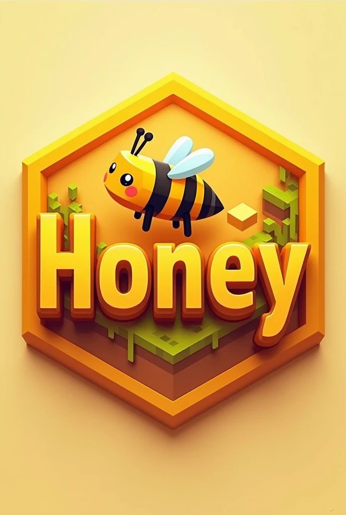 A emblem written "Honey'', with orange-yellow color minecraft theme with a minecraft bee