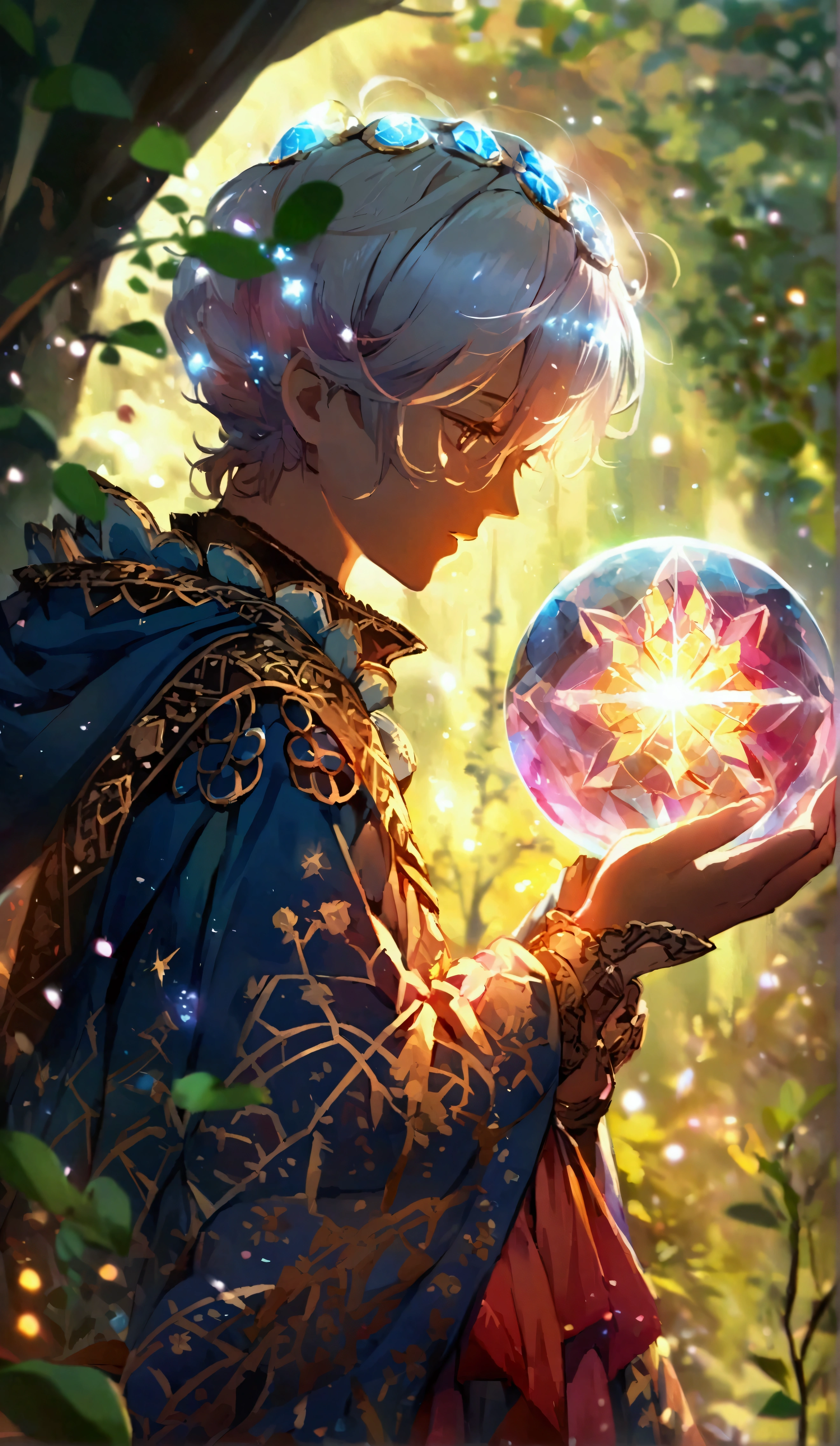 A high-definition anime-style illustration of a person holding a magical glowing orb, similar to a crystal ball, in their hands. The orb emits a soft, radiant light, with sparkling particles floating around it. The background is an enchanted forest with soft lighting filtering through the trees. The person's hands are detailed, and their clothing is intricately designed with patterns resembling ancient runes or magical symbols. The scene is peaceful and mystical, capturing the essence of magic and wonder