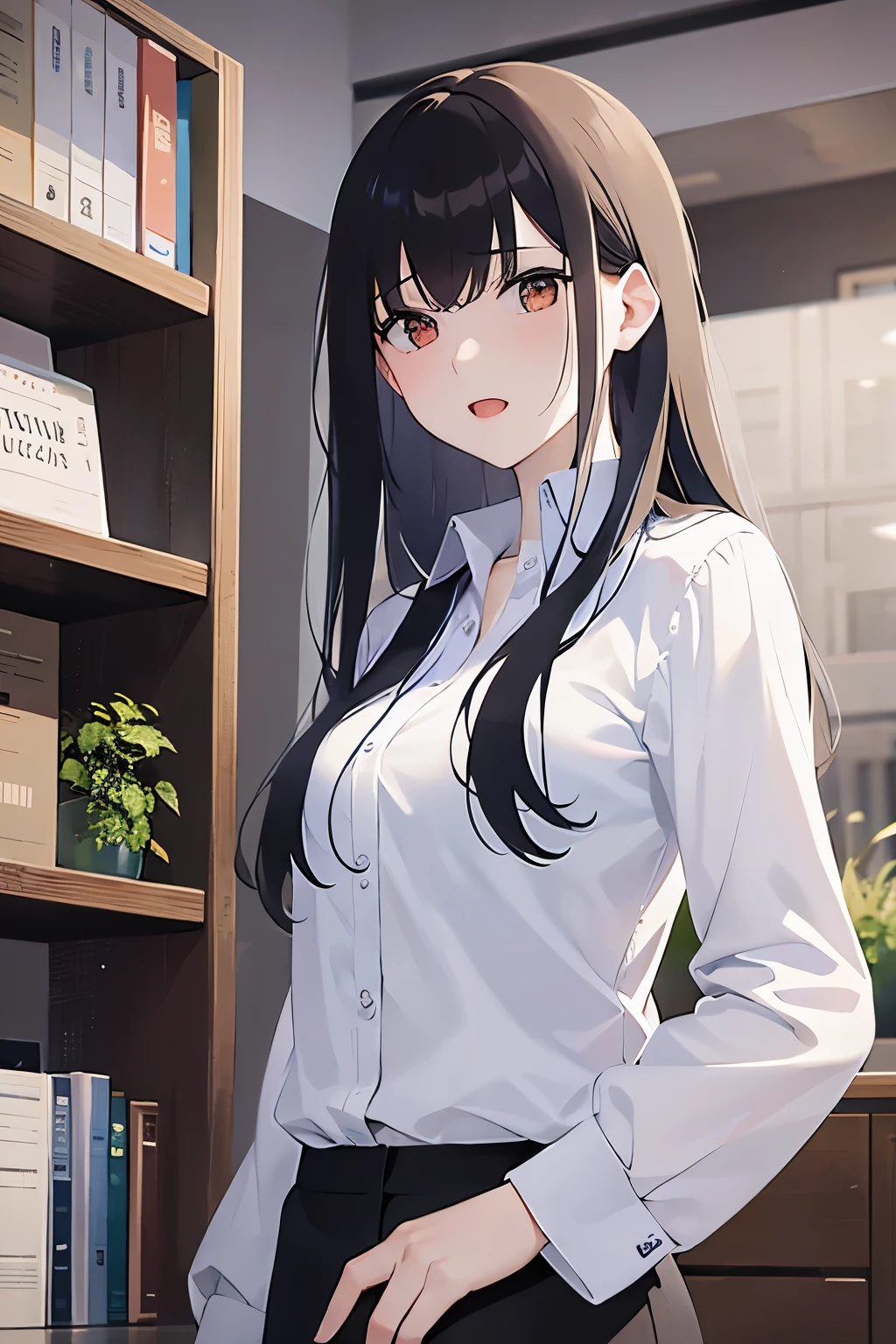 side angle,(looking away:1.5),Upper Body, 
 Realistic, real person, (pale skin: 1.2), RAW photo, photorealistic, shiny skin, shiny hair、
(A 2 woman with medium-length hair and bangs) and (wavy hair) and (brown hair) and (orange eyes) ,
（white collared shirts）and(pants)、
smile,open mouth,Standing office、（alone:1.5）