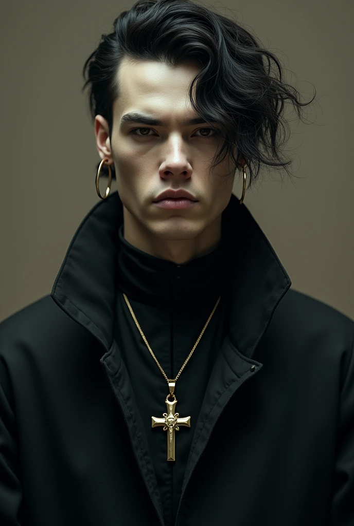 Tall man, offwhite, blackquality hair, hoop earrings with a cross pendant, wearing a black outfit