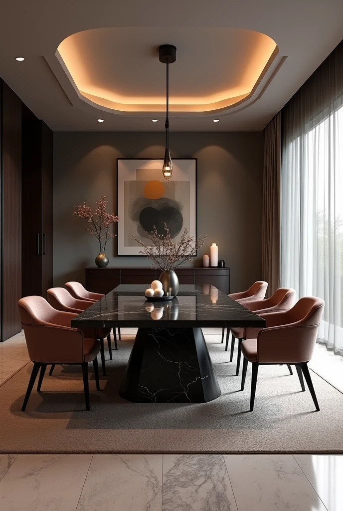 Professional 3d architecture rendering design of modern and minimal dining room with mink colour velvet 8 chairs and black slab stone marble table modern and modern ceiling lighting and elegant ceiling lighting and dark wooden consulate and elegant ceiling lighting and elegant wall painting and elegant accessories
