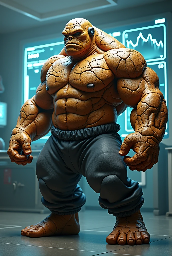 Man with cracking stone face. Human thing marvel. Very dry skin. Wear pant, shirtless. Korg. Fantastic 4 character the thing. Orange skin rock dirt skin. Wear elastic pant ,loose ear. Big head. Bulking short body. Normal people body type. Ben Grimm. Fantastic 4 character,in lab . Hologram everywhere. Data. Stone ear mount.