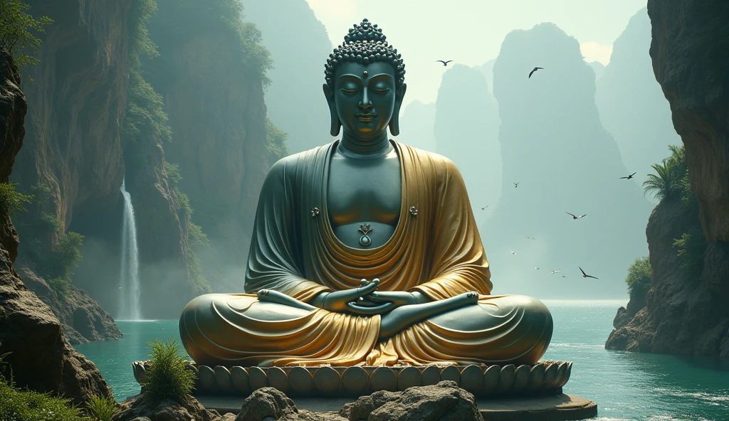 A close shot of the giant Guanyin Buddha meditating on a distant alien world. Imagine a serene landscape，Wearing gold and silver gauze, The viewing angle is from below,Swirling birds,The boundless pure ocean, Reflecting the light in the night sky, Between the waterfalls, The rhythmic movement of the breath is synchronized with the gentle movement of the alien ocean. Subtle details，For example, the intricate design of a Jedi lightsaber, In harmony with the beauty of the surrounding paradise, Adding extra visuals, Scenic landscape .