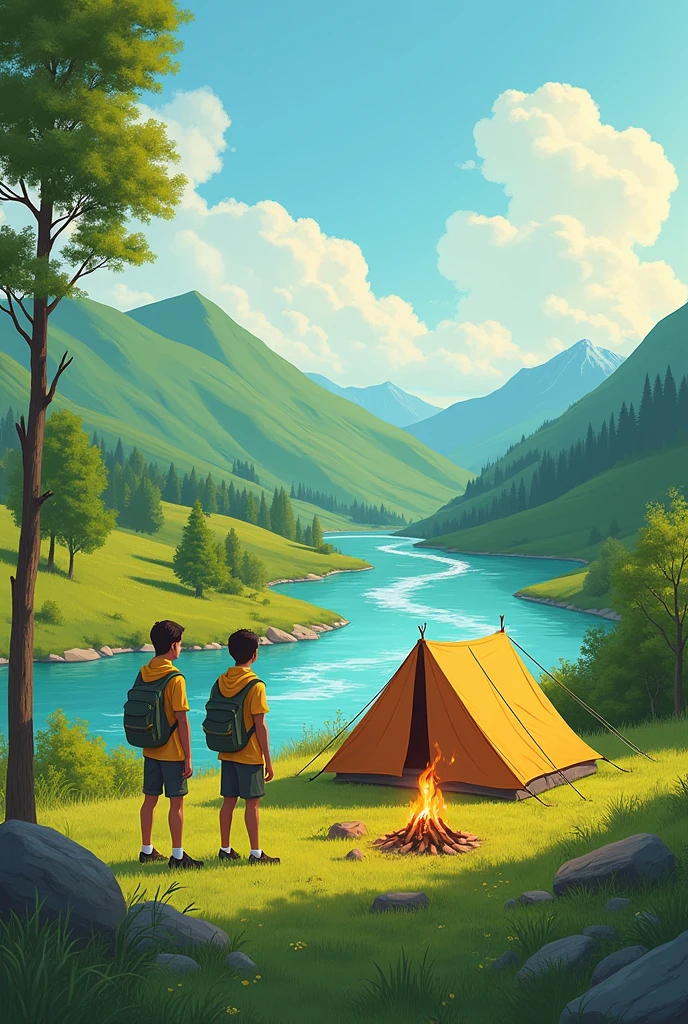 Realistic illustration of a camp with a tent in a valley , in a field with vegetation and grass where you can see part of a large river with stones and molle trees, Sauces, alder etc around, with green hills and two young men from the Pathfinders Club of the Seventh-day Adventist Church with his yellow scarf , and a bonfire on the side 