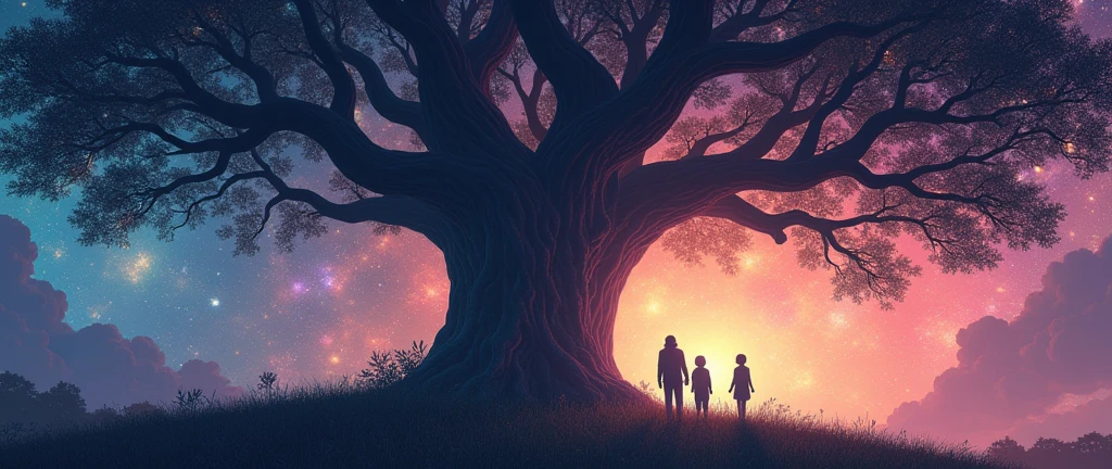 Giant tree with many large, spreading branches, multicolored background with galactic atmosphere colorful nebulae and stars couple looking at background and three children