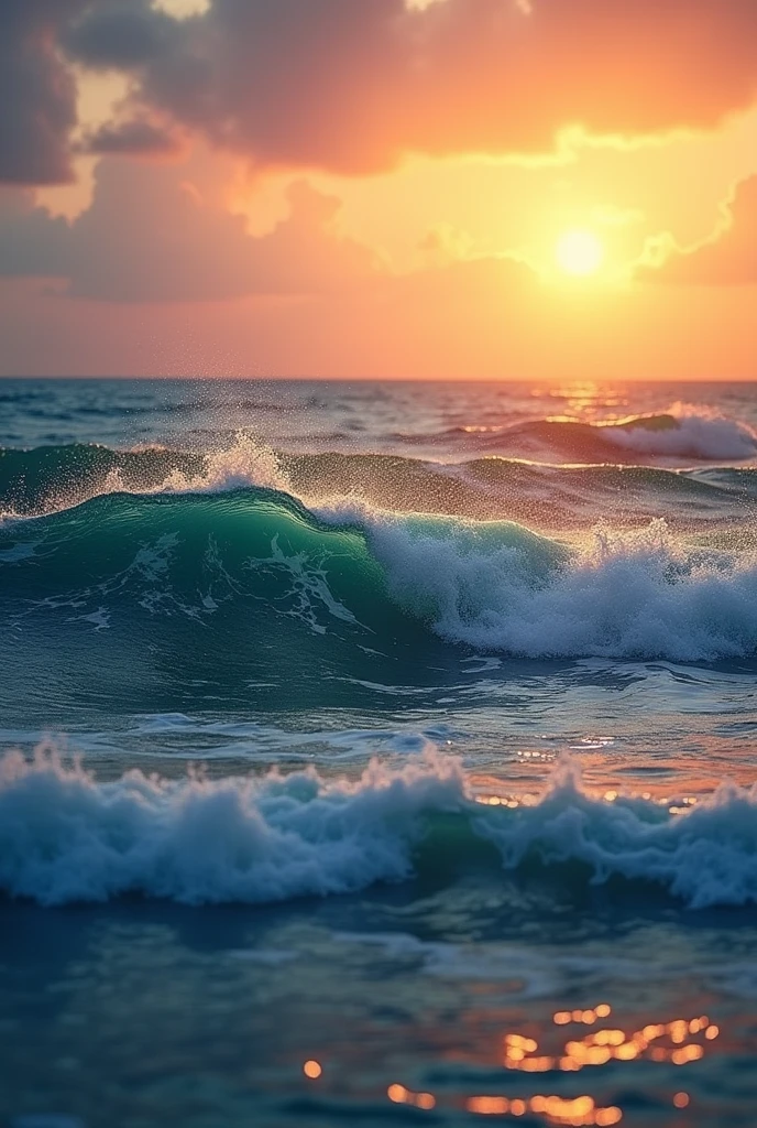 orange ocean waves with the evening sky and sparkling water