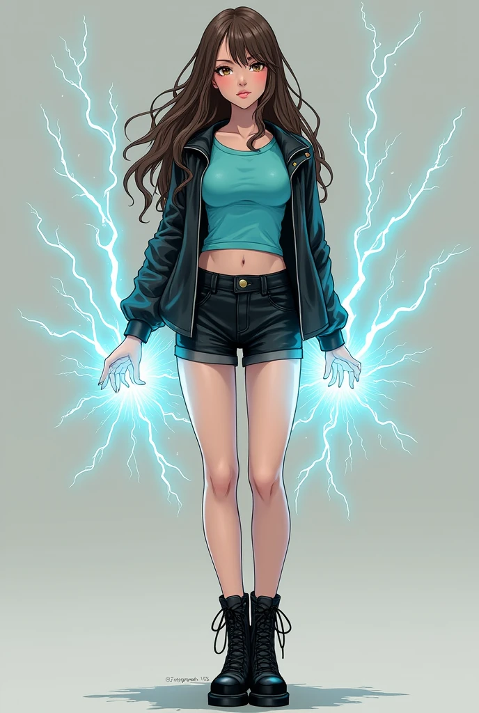 1. 1 white girl 2. skin test very white skin 2. Long wavy brown hair 3. Light brown eyes 4. elongated face 6. Big hips 7. He is wearing black shorts 8. Turquoise T-shirt 10. Black jacket 11. He has lightning bolts in his hands and body 12. It has to be full body 13. Wear black boots 17. It has to be in a realistic manga version
