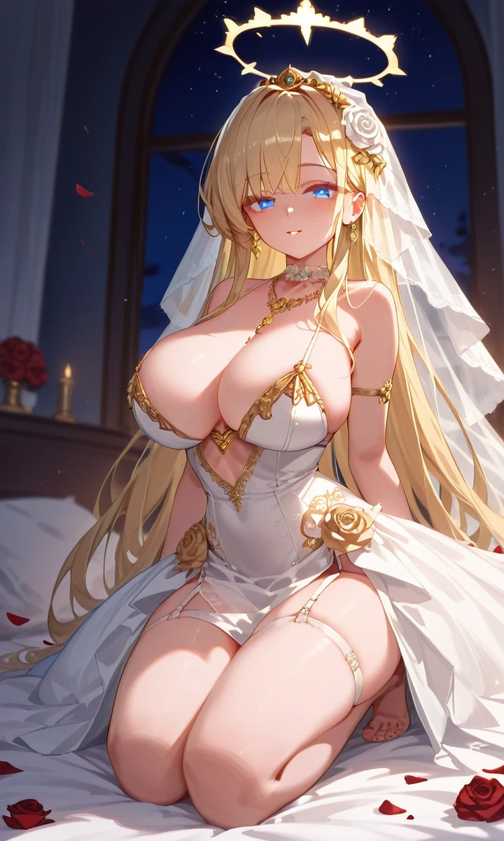 (very close up:1.5) (1girl) (adult woman) (kneeling) (elaborate white wedding dress) (in bed) (girl looking at viewer intently) (golden halo) white rose choker, night, dark cozy bedroom, very large breasts, thin waist, Long HAIR, (blonde hair), original HAIR style, Dynamic Angle, (detailed face:1.1) (dynamic lighting:1.1), (golden eyes glowing) (gold leaf bracers on arms) (gold leaf hair piece) (elaborate gold necklace) (golden roses on bed) (golden roses in hair) (stunning beautiful blue diamond eyes) (eye color gradient:1.5) (detailed eyes:1.3)
