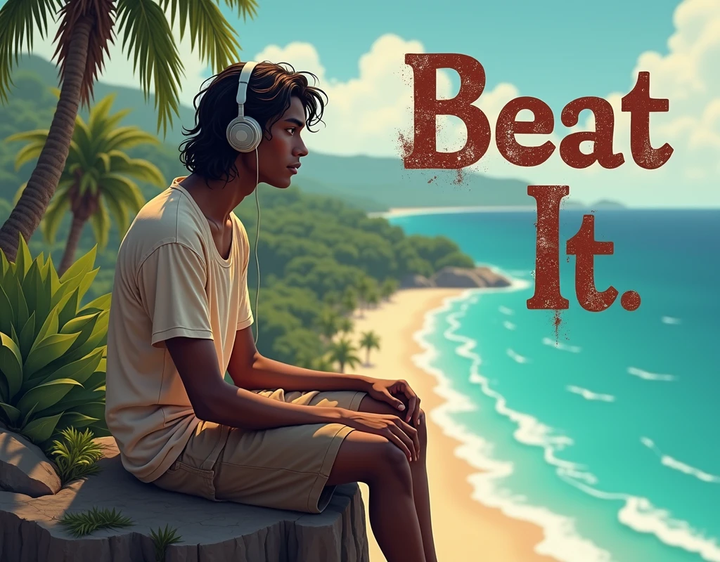 create a cover for an album where I appear as a 2 young man of 1.85 tall with dark skin and long wavy hair a little below the shoulders wearing loose clothing, Do it sitting on a cliff with wired headphones and at the top a title for the cover that says "Beat it" with worn letters. The landscape must be tropical and beachy