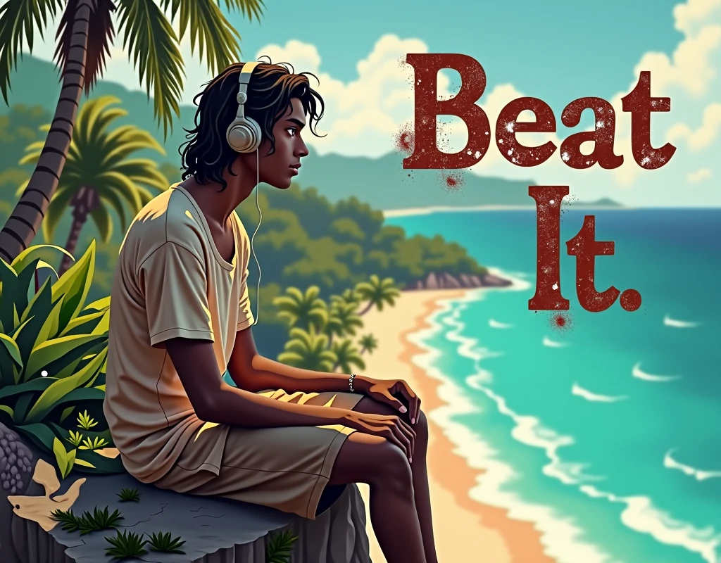 create a cover for an album where I appear as a 2 young man of 1.85 tall with dark skin and long wavy hair a little below the shoulders wearing loose clothing, Do it sitting on a cliff with wired headphones and at the top a title for the cover that says "Beat it" with worn letters. The landscape must be tropical and beachy