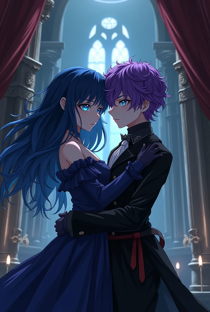 Dark-blue hair anime vampire girl and purple curly hair vampire boy in castle
They faced camera