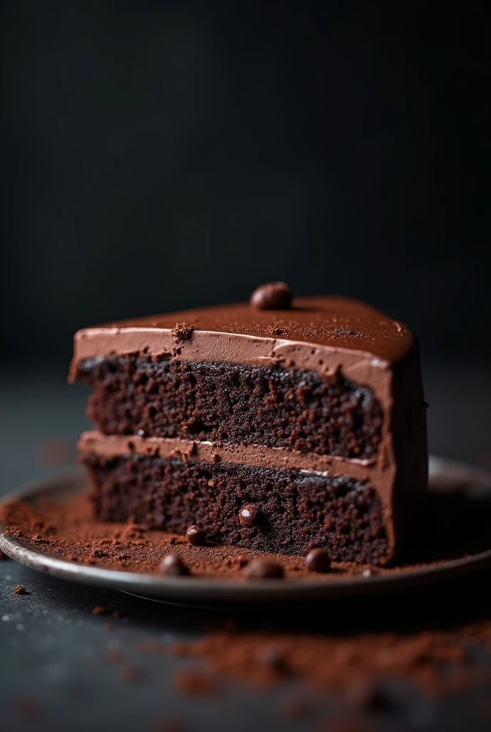 cinematic film still chocolate, chocolate cake, dark background, quality photo, moist texture, frosting, studio photo, slice . shallow depth of field, vignette, highly detailed, high budget, bokeh, cinemascope, moody, epic, gorgeous, film grain, grainy