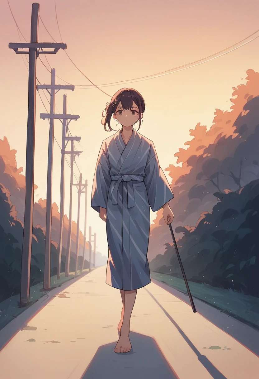hikari, Yukata, moño de un Alone cabello, side locks,
1 girl, Alone,
trespass, walking stick, evening, enthusiastic, evening sky