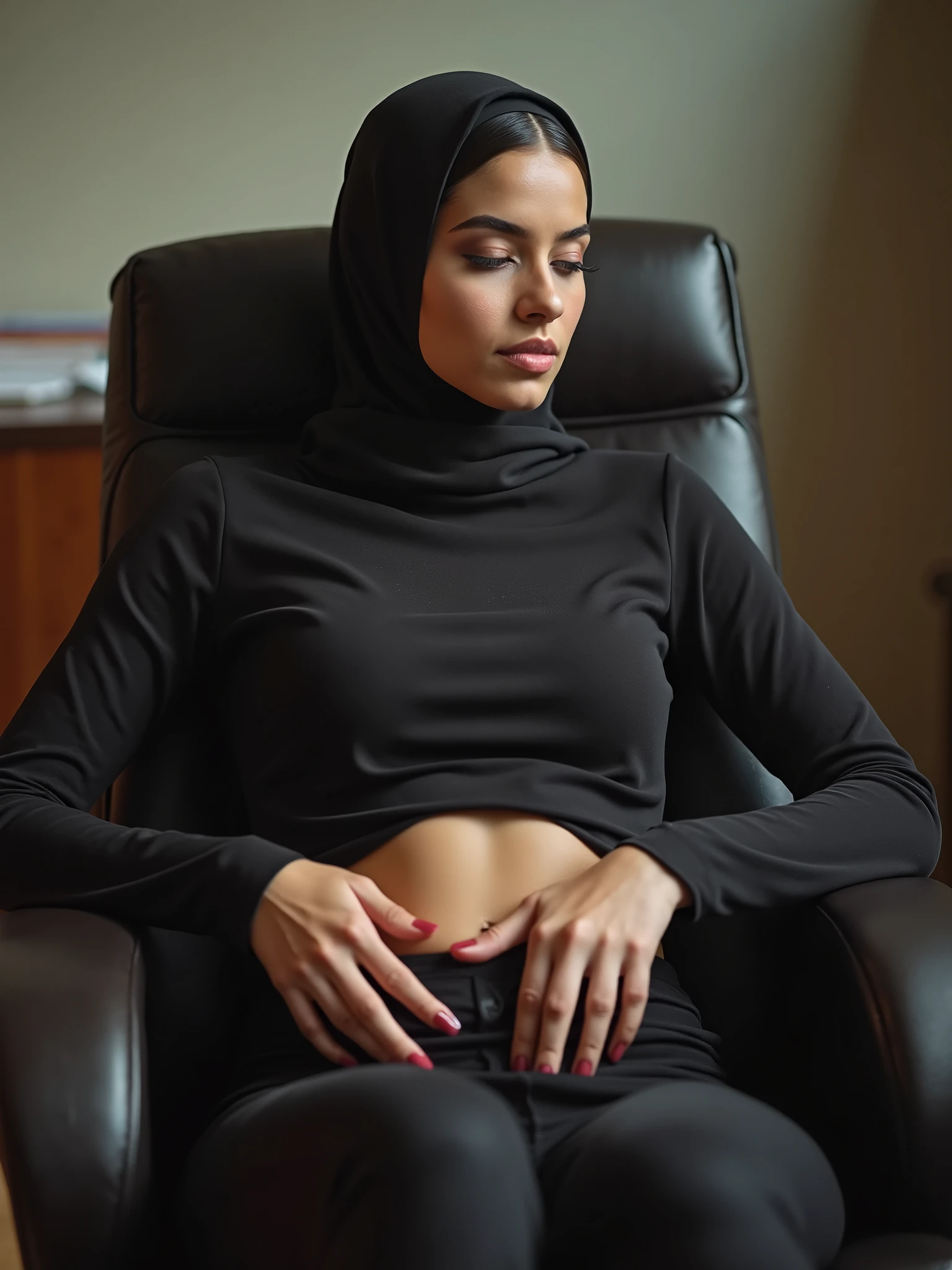 a naked sexy and horny Muslim girl resting with body full frontal at the office chair after sexual intercourse