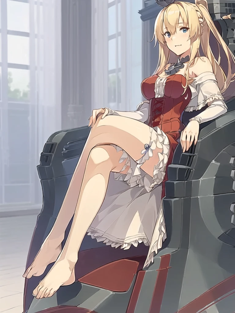 warspite \(kancolle\),((masterpiece)),(((best quality))),((ultra-detailed)),((illustration)),((disheveled hair)),((frills)),(1 girl),(solo),Red dress,long dress,Bare Feet,Feet,Sitting,Crossed Legs,Rating:safe, Blue eyes with highlights,Blonde long hair(delicate eyes),