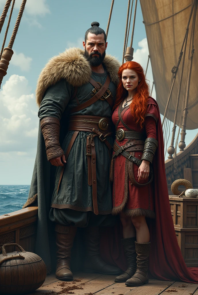 man 30 year old, Cao Cao , viking estilo Ragnar lodbrok corpo musculoso, next to him a red-haired peasant woman.
They are on a Viking ship