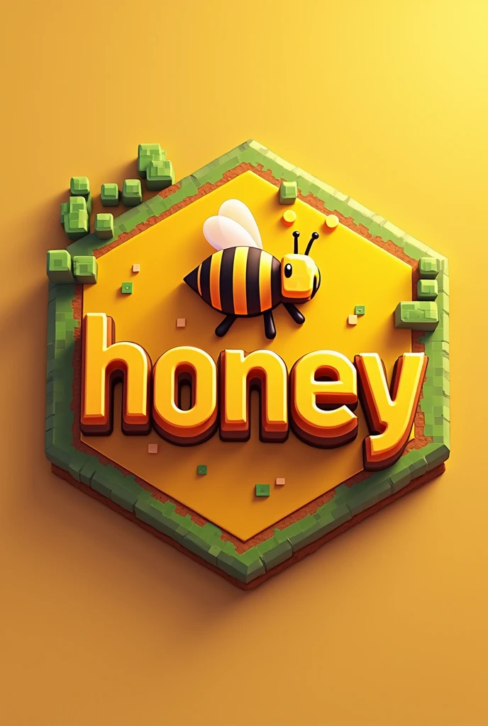 A emblem written "Honey'', with orange-yellow color minecraft theme with a minecraft bee