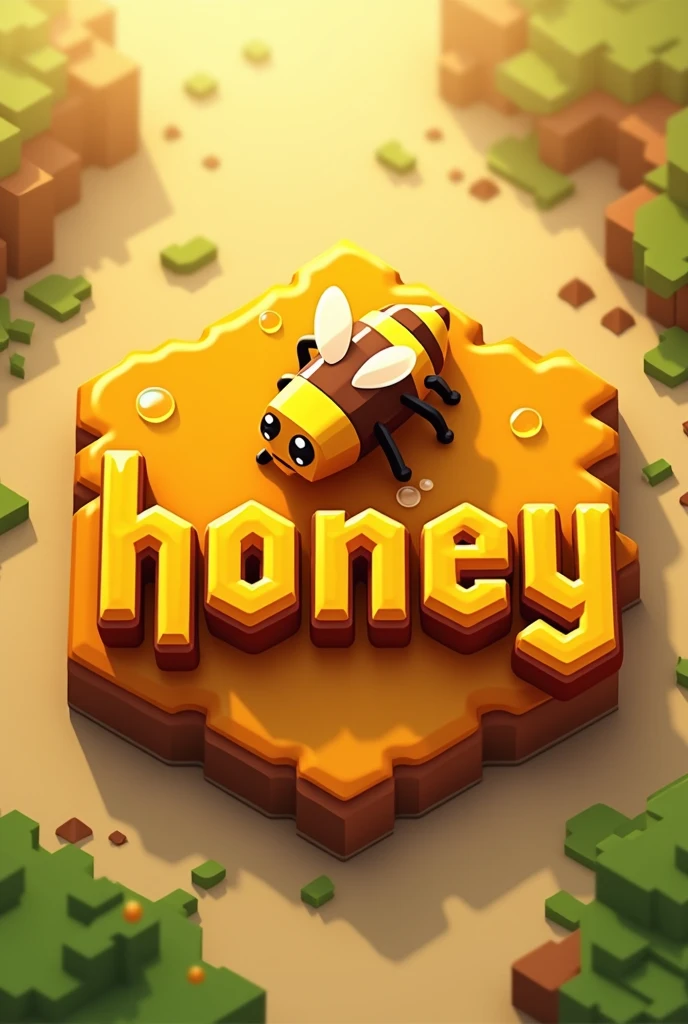 A emblem written "Honey'', with orange-yellow color minecraft theme with a minecraft bee