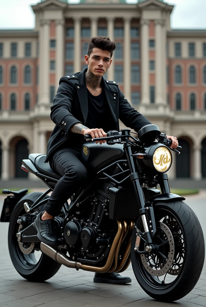a boy driving his black bike, in front of a hotel holding his black helmet in his hand, the boy is wearing black Jacket and black T-shirt and black pants and black ankle length shoes, and his one arm is full of tattoos and on the left side of the helmet, there's a beautiful and small sign engraved in Golden colour, which is made up with initial 'N' and 'D'. the boy is handsome. a realistic image.